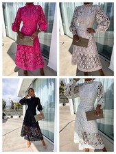 Stand Collar Loungewear Women Long Lantern Sleeve Party Hollow Out Ladies Dress