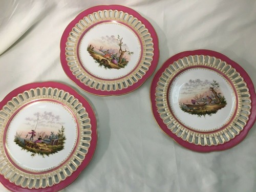 (6 Pcs) c1853-73 Fischer & Mieg Pink Scenic Reticulated TAZZA'S & CABINET PLATES - Picture 5 of 12