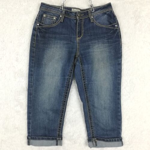 Earl Jean Womens Jeans Capri Blue Denim Med Wash Cross Embroidered Cuffed 6