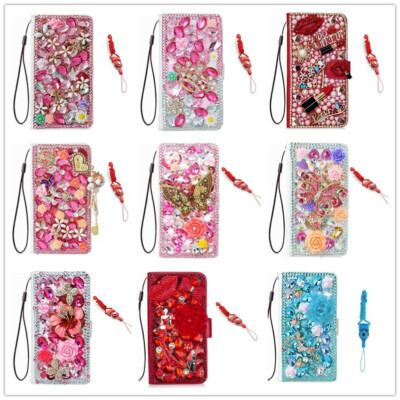Women's Leather Bling Rhinestone Wallet Flip Card Phone Case For iPhone/Google
