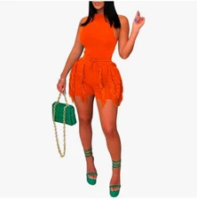 Two piece sleeveless tank with tassel shorts, size Medium, Orange