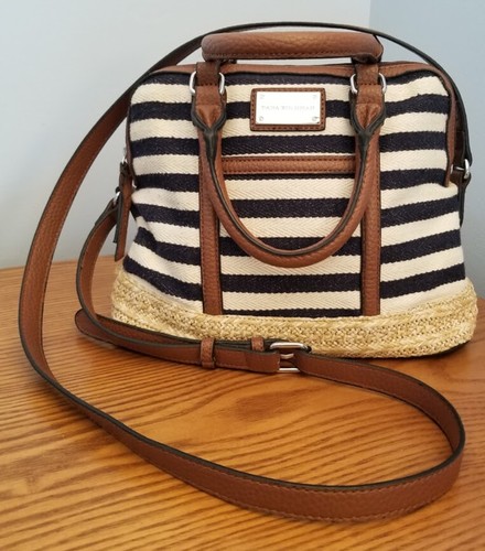 DANA BUCHMAN Black & White Striped Cotton/Poly Crossbody Handbag EUC