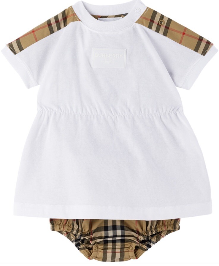 BURBERRY Baby White Check Dress Bloomers Set 01
