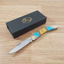 Frost Cutlery Lockback Folding Knife 4" Stainless Blade Turquoise Abalone Handle