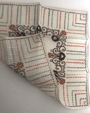 Vtg 10" SQ Cream Linen HANDKERCHIEF Hanky ORANGE BROWN TEAL SCROLLS DOTS Wedding