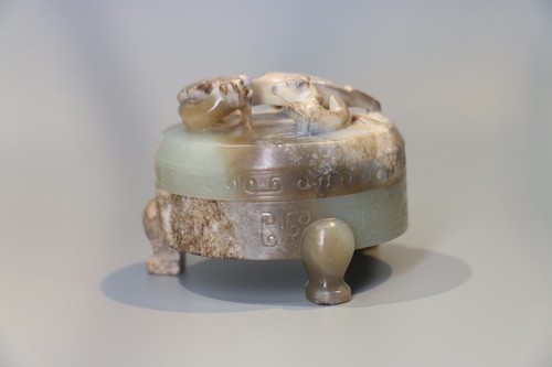 China old Han Dy. Green jade Carved Dragon Phoenix Incense Burner Round Box - Picture 14 of 24
