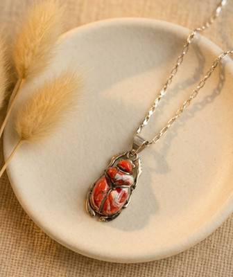 Scarab Pendant in 925 Silver with Red Stone   Ancient Egyptian Necklace