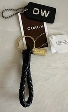 NWT COACH BLACK BRAIDED LEATHER KEYFOB BRASS KEYRING CHARM 7204