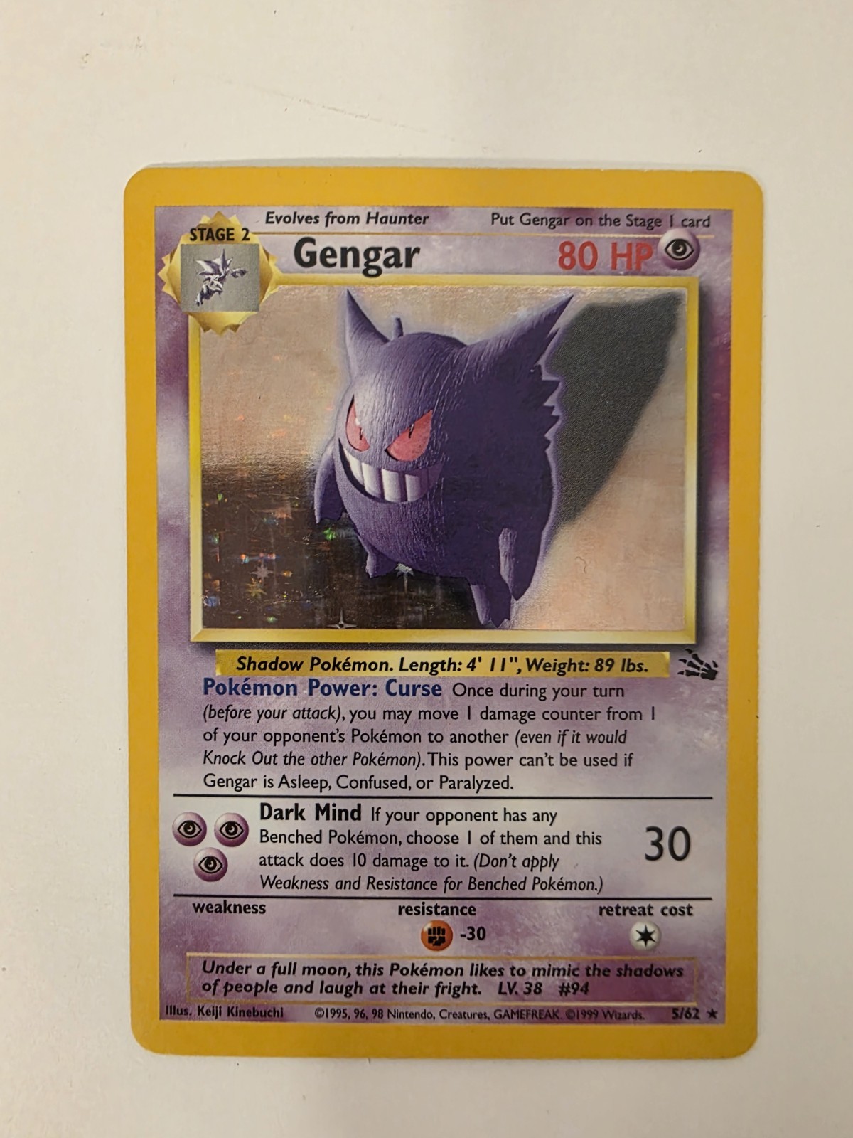 Gengar 5/62 Rare Fossil Pokemon Unlimited Holo Lightly Played Very Nice Card 