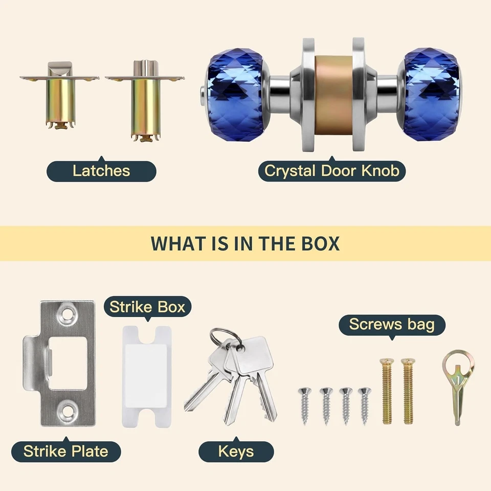 Perilla de puerta de cristal con cerradura de privacidad, perilla de puerta interior de vidrio azul con llaves y Foto 2 de 4