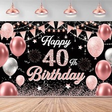 40th Birthday Decorations for Women Pink Happy 40 Years Banner Backdrop