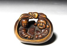 Japan Antique Netsuke Wood deity hotei inro ojime sagemono rare Edo era Original