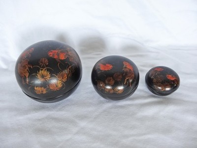 Set of 3 Vintage Chinese Black Lacquer Goldfish Nesting Lidded Trinket Boxes
