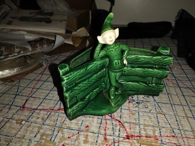 Vintage Pixie Dwarf Elf Sprite Leaning Fence Ceramic Corner Planter Vase