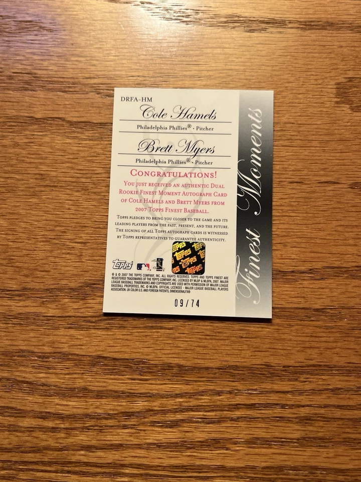 Topps Dual Rookie Finest Moments 2007 autógrafo #DRFA-HM Cole Hamels+Brett Myers Foto 2 de 2