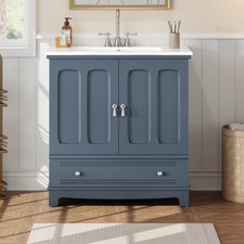 30" Bathroom Vanity with Ceramic Sink, Solid Wood Frame Bathroom Sink Cabinet