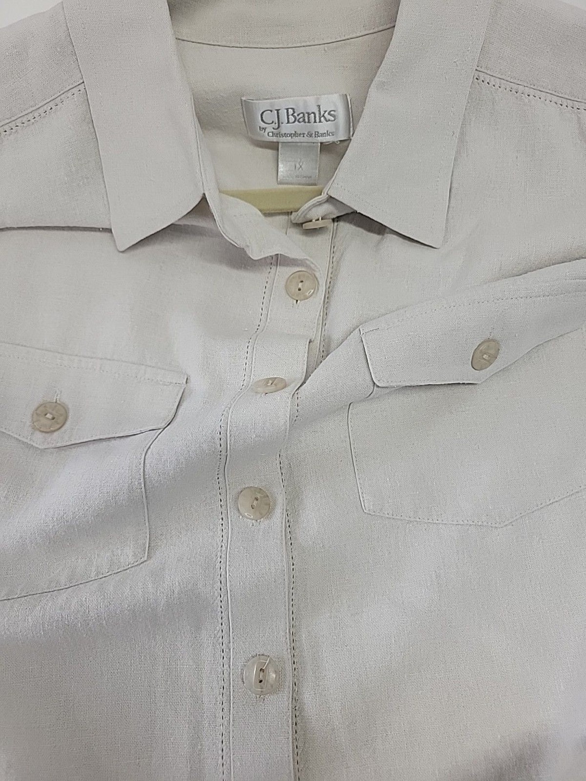 Vtg CJ Banks Blouse 1X Linen Blend Pockets Minimalist Resort Button Casual