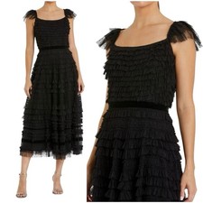 Mac Duggal 8054 Black Tiered Cap Sleeve Midi Dress Size 14