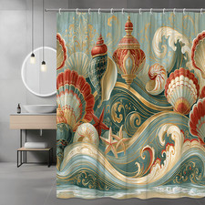 Nautical Shells and Waves Shower Curtain, Ocean Graphic Print