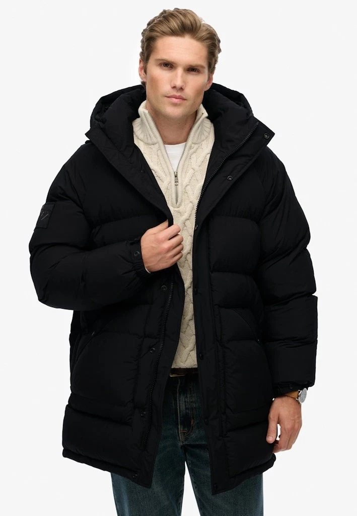 Superdry Longline Parka Jacket Hooded Padded Winter Coat XPD Baffle Parka Black