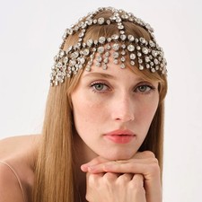 Women Rhinestone Head Cap Long Tassels Luxury Metal Hair dress Chain Party 14031