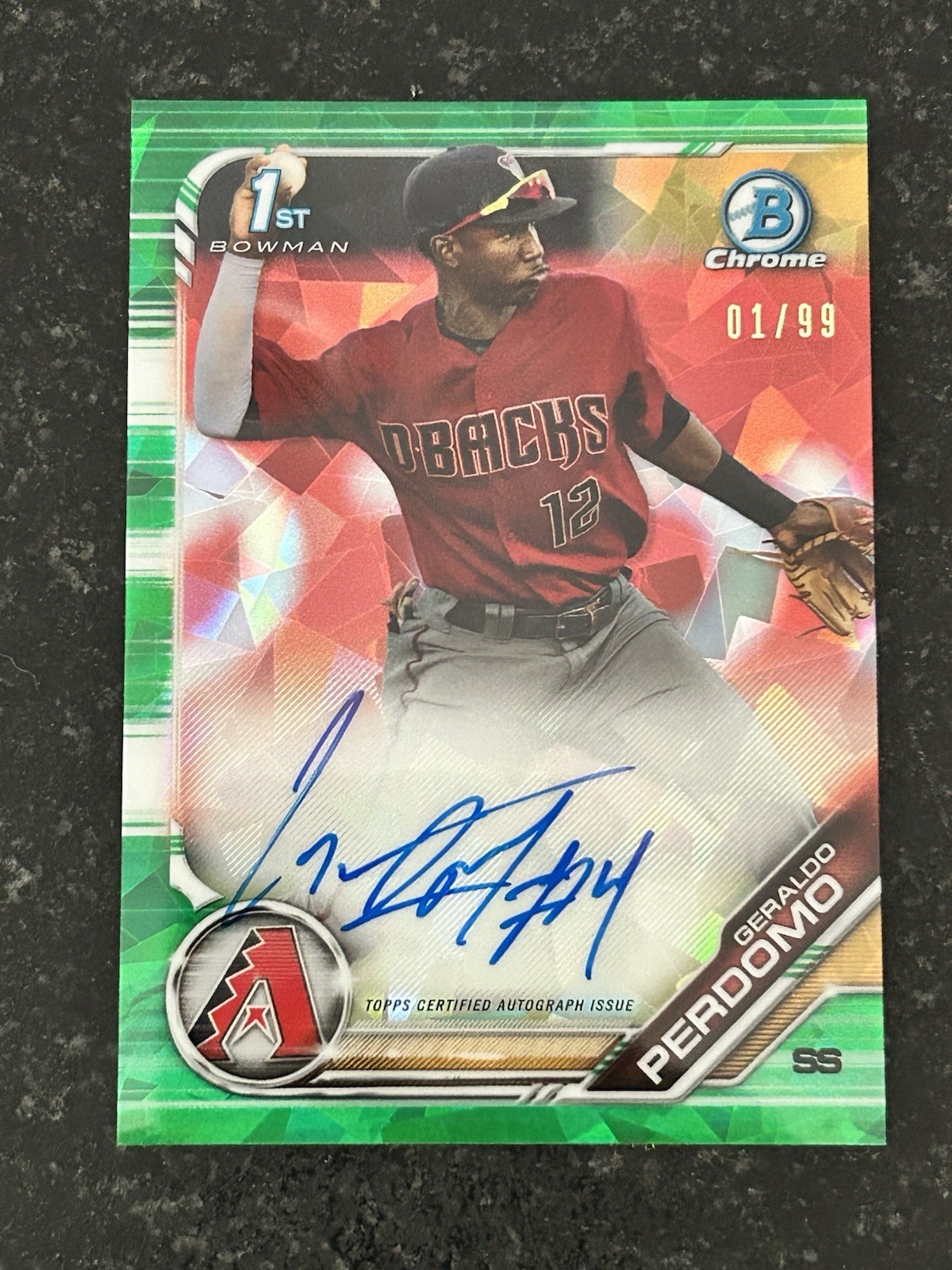 2019 Bowman Chrome Geraldo Perdomo 1st Auto GREEN ATOMIC REFRACTOR #d 01/99 MINT
