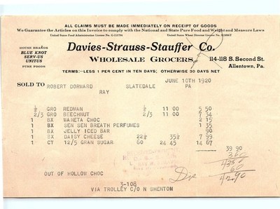 1920 Davies-Strauss-Stauffer Co. Allentown PA Grocers Billhe