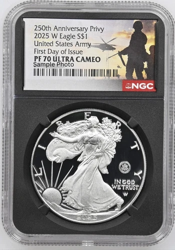 2025-W (PF70) Proof American Silver Eagle ~U.S. Army Privy~$1 NGC FDOI First Day