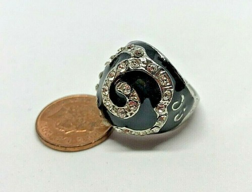 Vintage Silver Metal Black Enamel Rhinestone Diamante Ring 1980' Size R - Picture 3 of 6