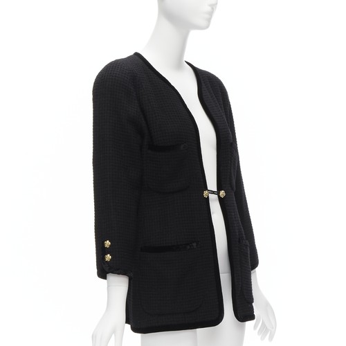 CHANEL Collection 23 1989 Vintage camellia button velvet black tweed jacket FR40 - Picture 3 of 10