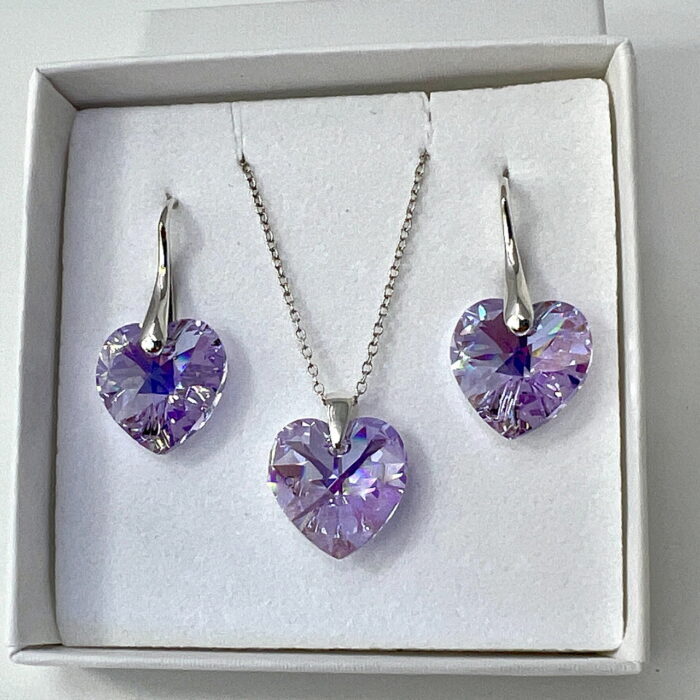 925 Silver Heart Necklace Earring Violet AB Set Made With Austrian Crystals