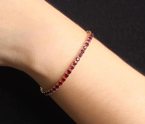 14K Gold Plated Ruby Tennis Bracelet,Silver Ruby Bracelet, Prong Set Bracelet - Picture 8 of 9