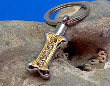 Dog Cremation Pendant Urn Keychain 1" Key Ring Ash Golden Silver Crystal Bone