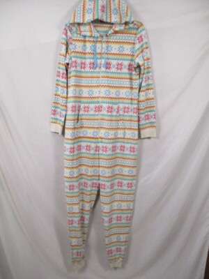 Free Press Union Suit Pajamas Womens Medium White Fair Isle Hooded Zip Polyester