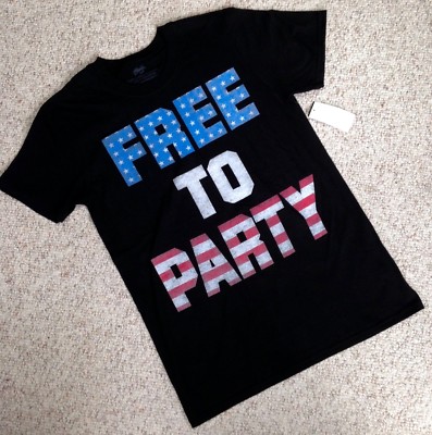FREE TO PARTY AMERICAN FLAG T-SHIRT black red white blue stars and