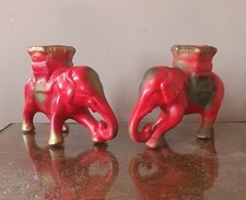 Vintage c1940s 50s - Pair of Mantle Vases - Elephant with Howdah - Chalkware