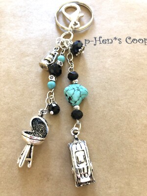 Travel Trailer BBQ Camp Purse Charm Key Chain FOB handmade USA 1958