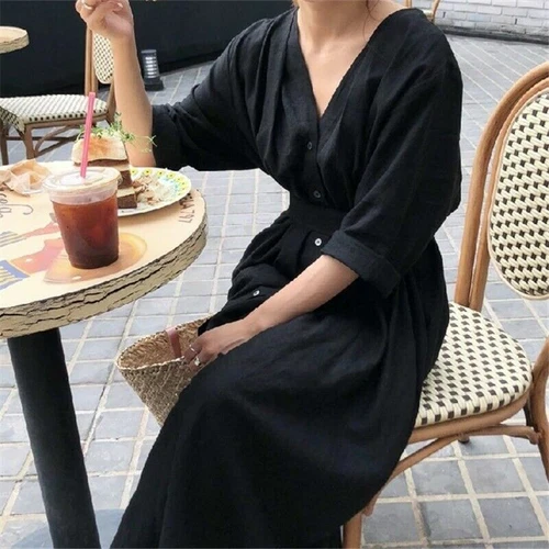 Mujer Vestido de Lino Algodón Cuello en V Cinturón Largo Botón Suelto Informal Blanco Negro Hada - Imagen 5 de 16