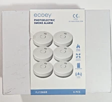 6 PACK Ecoey Photoelectric Smoke Detector Alarm Set Model FJ136GB White
