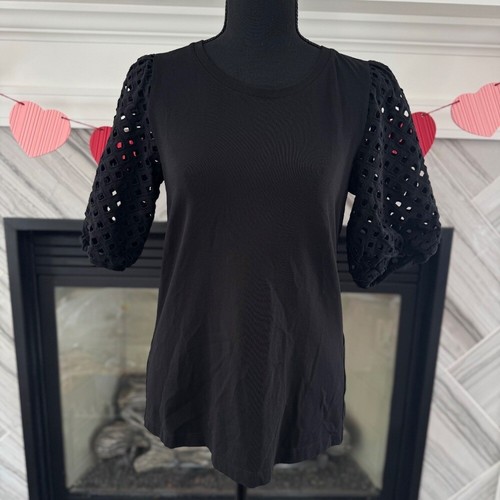 Chicos Eyelet Sleeve Top Puff Sleeve Blouse Black Short Sleeve Top size 0