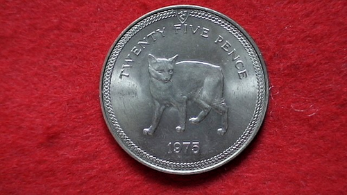 Moneta Corona 1975 Isola di Man Regina Elisabetta II Manx Gatto Venticinque Pence