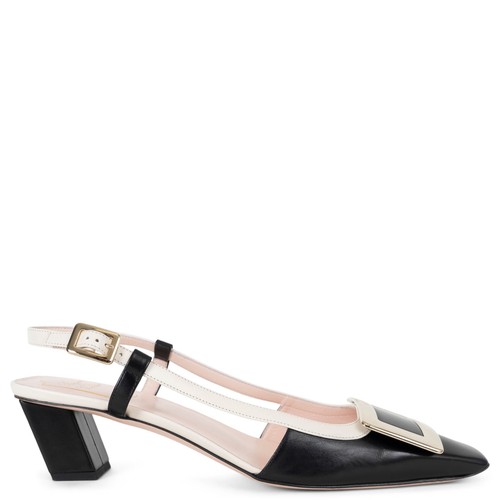 73375 auth ROGER VIVIER black cream leather BELLE VIVIER 45 Slingbacks Shoes 39