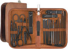 Deluxe 26-Piece Stainless Steel Manicure Set in Brown Leather Case