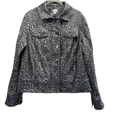 Chicos Women's Jacket Size L Black White Crushed Velvet Leopard Line Zip Button