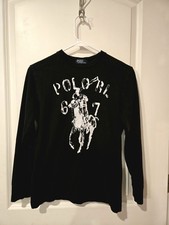 Polo Ralph Lauren Shirt Crew Neck Sz M 10-12 Youth Long Sleeve Black 67 Horse