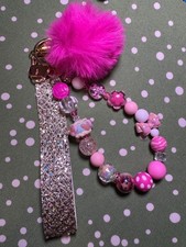 Pink Wristlet Keychain Phone Chain Bag Backpack Charm Fuzzy Pom Pom Pompom