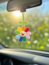 Crochet Rainbow Flower Car Charm, Handmade Rearview Mirror Accessory