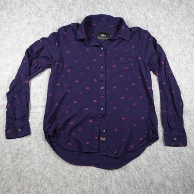 Rails Top Women Extra Small Navy Kiss Me Metallic Rocsi Button Down Lips Print