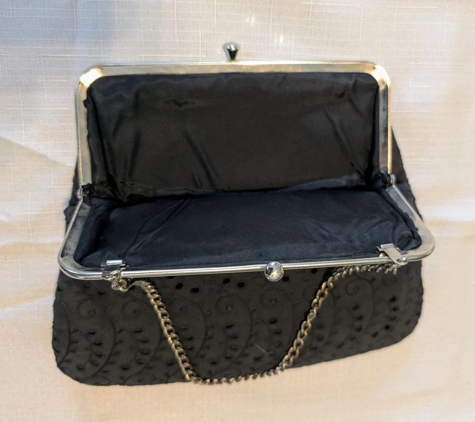 Bolso de mano y guantes bordados vintage de encaje negro bordado bordado ropa de noche Foto 3 de 4