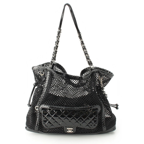 Chanel Mesh x Patent Leather Matelasse Single Flap Double Chain Set Tote Bag r0_